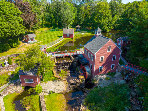 Russell Mill aerial view on River Meadow Brook in Russell Millpond in town of Chelmsford, Massachusetts MA, USA. 