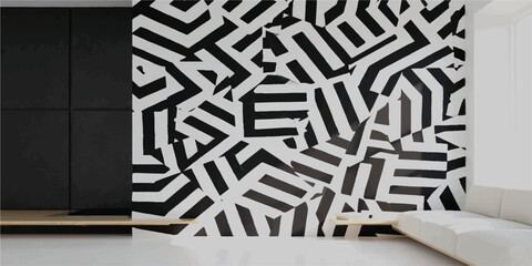 Modern interior with a striking black and white geometric wallpaper pattern covering one wall next to a dark panel interior design living room © Manjur