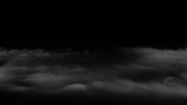 Realistic grey smoke clouds slowly drifting across a dark black background for atmospheric effect.