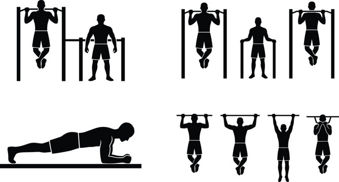 Calisthenics workout silhouette icons featuring pull up, dip and plank exercises isolated on white background for fitness training