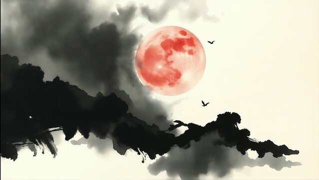 Ethereal Red Full Moon over Dark Ink Wash Clouds with Birds in Sumi e Style