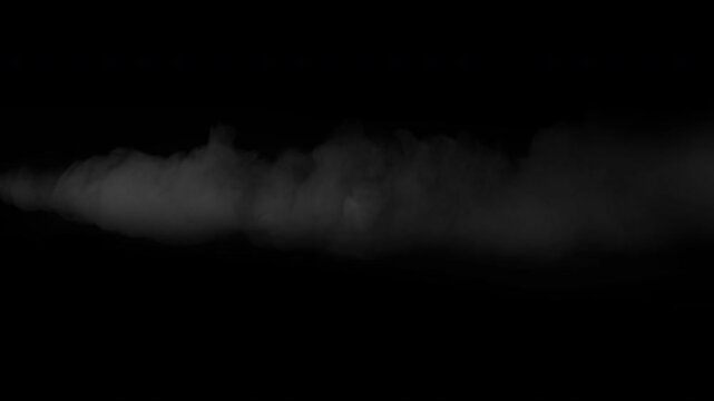 Realistic white smoke stream flowing horizontally across the screen on a black background for visual effects.