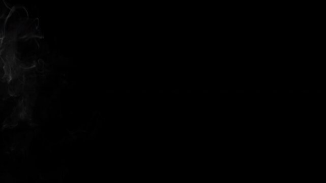 Realistic white smoke rings and wisps floating across a solid black background in slow motion.