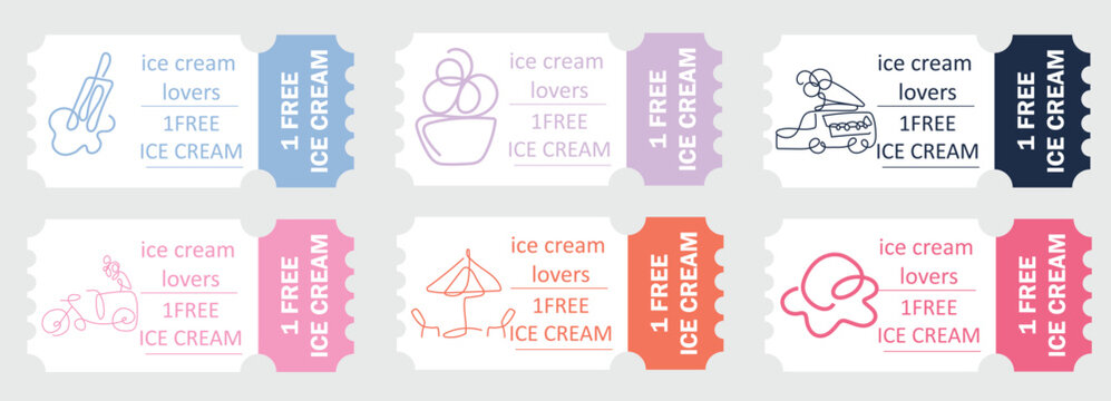 set of coupons for one free ice cream with various ice cream themed icons in different pastel colors, for cafes, restaurants or other promotional printing