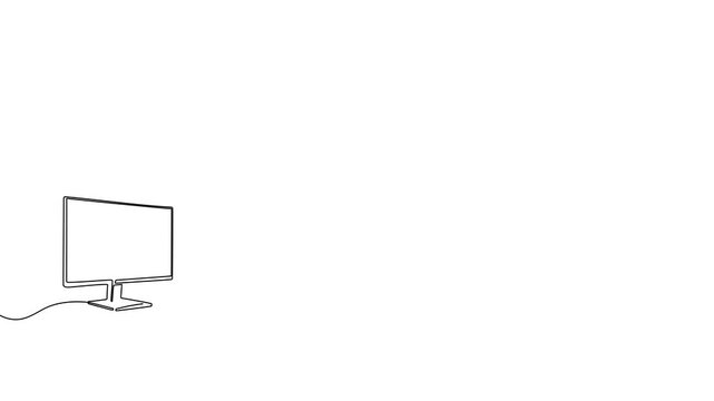 Continuous one line monitor computer outline art tv screen frame desktop. TV monitor office drawing simple digital technology creative isolated mockup device download icon white design business flat