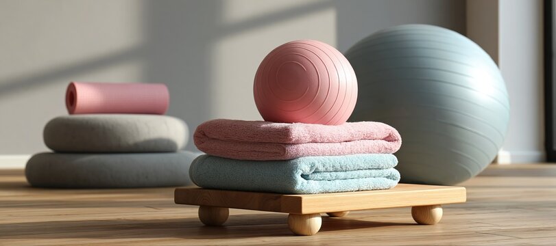 Pregnancy safe exercise zone with clean wall, stacked props, exercise ball and neatly folded towels