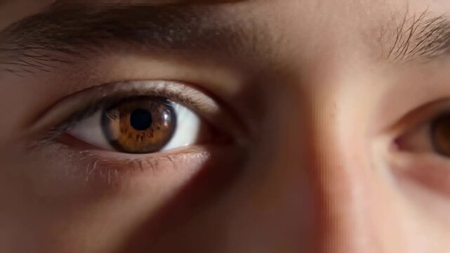 Blinking closeup eyes lowering then reopening after corneal glint in studio, with brown irises