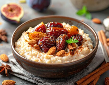 Warmer Dattel-Porridge mit Zimt, Mandeln und Feigen