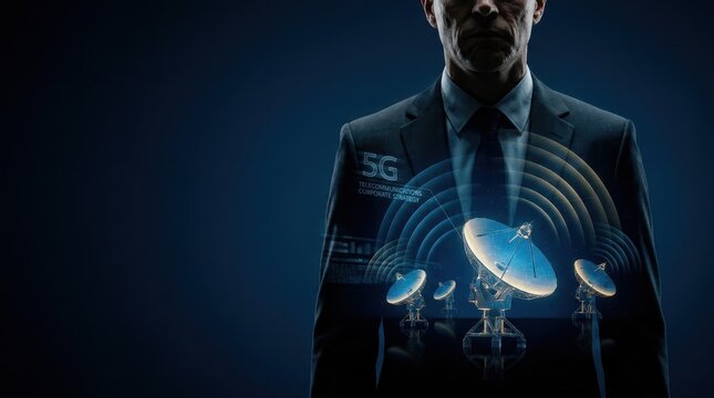 5G Satellite Telecommunications Corporate Strategy: Executive Suit Fused with Antenna Signals and Networks