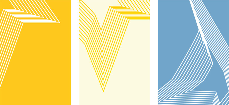 Set of abstract geometric posters with linear patterns in yellow and blue colors