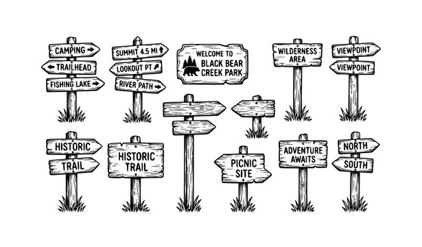 Vintage wooden signpost vector illustration rustic directional arrow sign set isolated