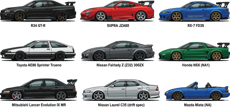 Japanese drift cars and JDM sports coupes vector collection isolated on white background for motorsport design