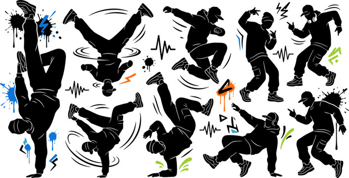 Hip hop street dance silhouette collection featuring breakdance freestyle urban movement and energetic performer poses isolated on white background.
