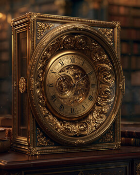 Close-up macro view of a luxury, ornate golden steampunk table clock with visible internal gears and Roman numerals, placed on a dark wood library desk.