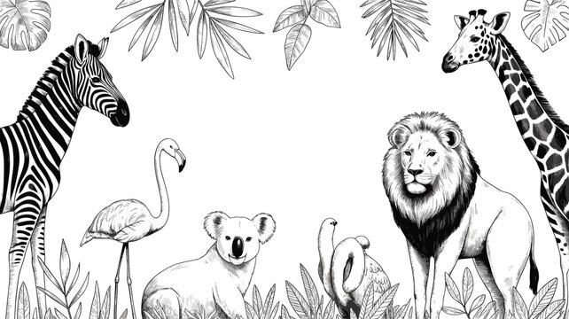 Hand drawn safari animals vector set with tropical leaves zebra giraffe lion koala and flamingo isolated on white background