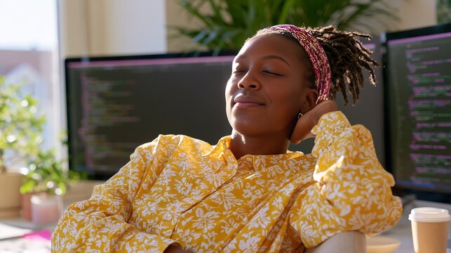 Young black woman software developer relaxing at her desk with dual monitors displaying code, indoor plants and coffee cup visible in a bright workspace