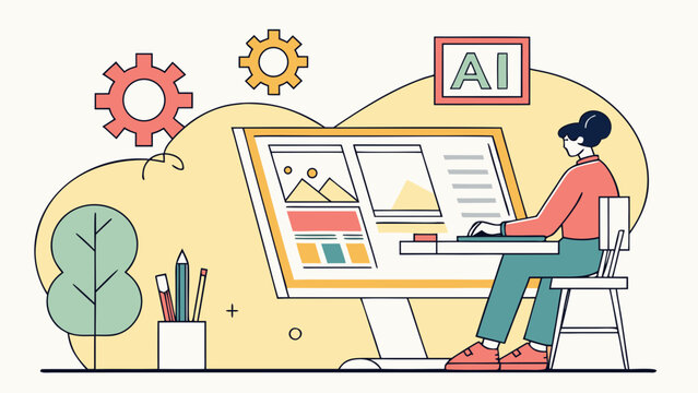 Graphic artist creates digital illustrations using artificial intelligence software on a computer.
