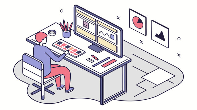 Designer works on a complex creative project using a large computer monitor at a tidy desk.