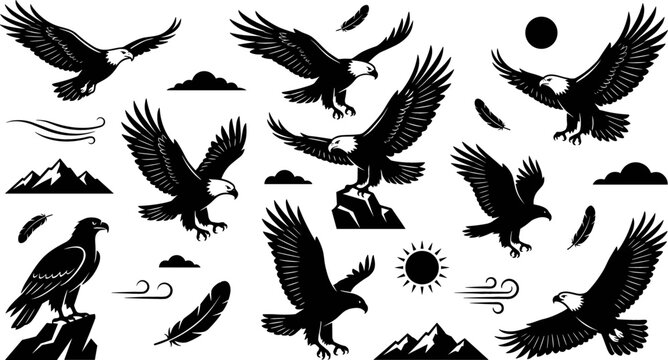 Majestic eagle silhouette collection featuring flying hunting perched and soaring birds with nature elements isolated on white background.
