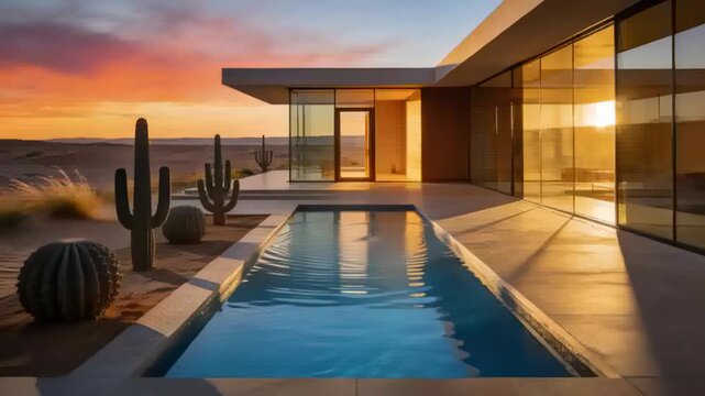 Descending sun casting golden glow on pool and glass house in desert, lengthening shadows on cacti