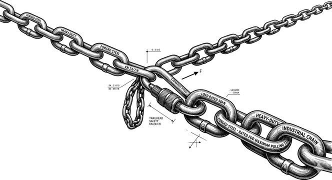 Industrial steel chain and locking hook line art vector illustration for security and construction concept isolated white
