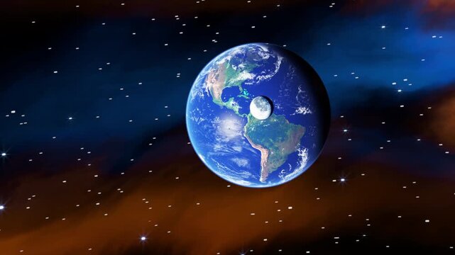 Planet Earth with the Moon orbiting in deep space, cinematic realistic 3D animation featuring stars, nebula clouds and detailed view of the solar system.