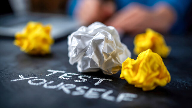 Chalkboard with &ldquo;Test Yourself&rdquo; message and crumpled yellow paper balls, education and self assessment concept