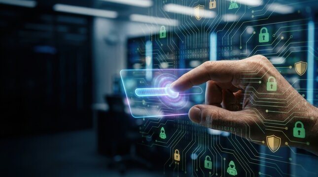 Cybersecurity Control: Hand Adjusting Holographic Slider for Network Firewall and Access Management