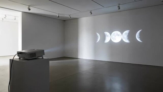 Projecting projector casting moon phases on right wall on plinth powering by cable for art