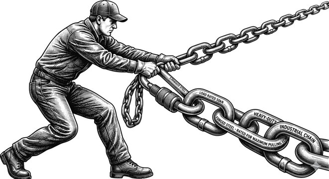 Steel chain with spring hook and screw nut sketch vector illustration representing strength and reliability isolated on white background
