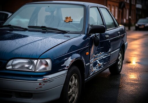 Damaged blue car parked on wet city street with leaf on windshield