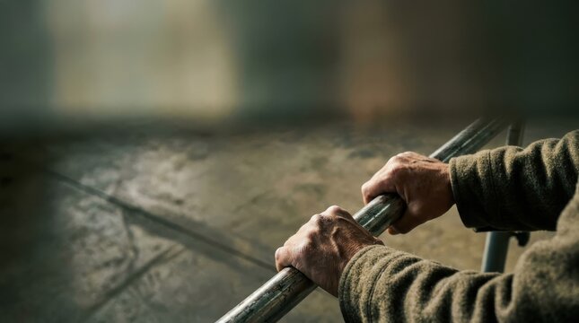 Elderly Hands Gripping Parallel Bars for Physical Therapy Rehabilitation Mobility Training