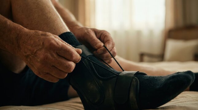 Elderly Hands Adjusting Ankle-Foot Orthosis Drop Foot Brace for Gait Correction and Mobility Rehab Therapy