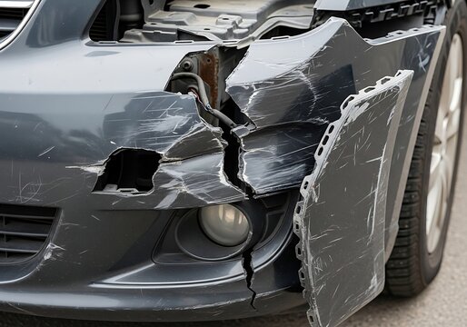 Damaged gray car front bumper with scratches and broken plastic  closeup