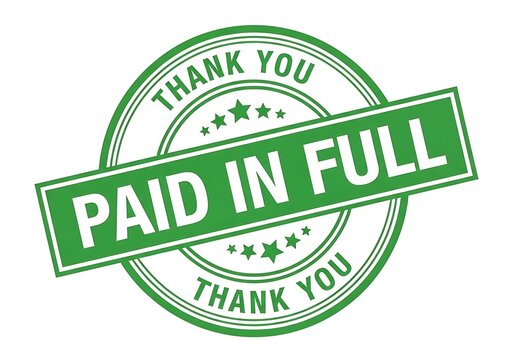 Green paid in full stamp with thank you text and stars on white background