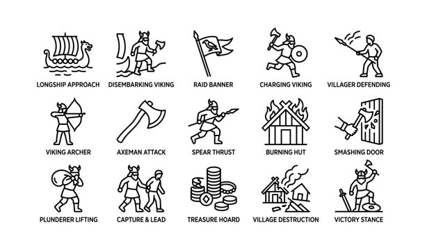 Viking raid line icons depicting attack and village scenes