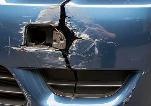 Closeup of damaged blue car bumper with cracks and scratches on front