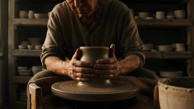 Crafting Pottery on a Wheel Artisan Shaping Clay in Workshop