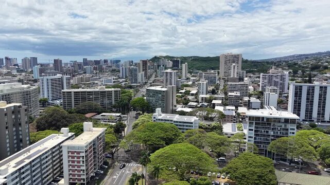 View of Punchbowl Crater surrounded by residential apartments and condos in the Makiki area near Punahou in Honolulu on Oahu, Hawaii. 