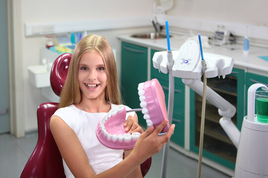 Girl smiles and holds in her hands large educational mock-up of human jaws. Pediatric dentistry. Beautiful girl with long blonde hair. Teeth cleaning training. 