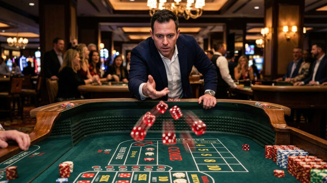 Dramatic scene of man throwing red dice across green velvet casino table