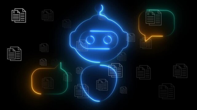 Retrieval-Augmented Generation RAG concept on the black background. Semantic search for enterprise internal documents. Motion graphics of AI chat bot icon.4k motion video.