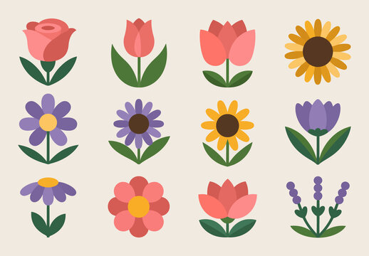 Flat Floral Illustration Set with Colorful Garden Flowers