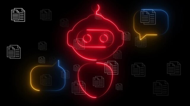 Retrieval-Augmented Generation RAG concept on the black background. Semantic search for enterprise internal documents. Motion graphics of AI chat bot icon.4k motion video.