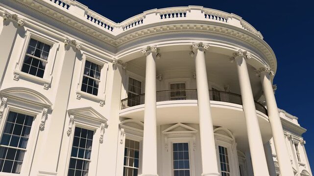 Cinematic flyby around a neoclassical government residence inspired by the White House, realistic 3D animation with detailed architecture and bright daylight atmosphere.