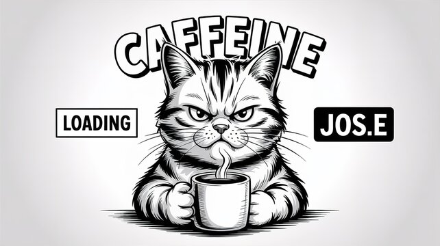 Grumpy cat drinking coffee with caffeine loading text
