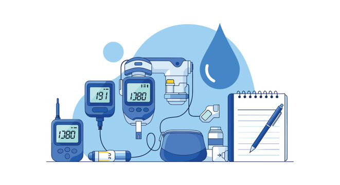 Diabetes monitoring equipment including glucose meters, an insulin pen, a notebook, and a blue water drop icon for health.