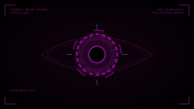 An aggressive cyberpunk retina threat scan, glowing red to indicate security breaches or unauthorized biological access.