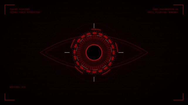 A robotic terminator machine vision interface, featuring targeting reticles and synthetic visual scanning analytics.