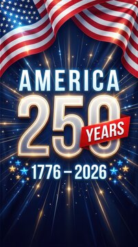 Vibrant patriotic graphic celebrating america's 250th independence, with flag, '1776-2026', and golden light rays on a deep blue background.